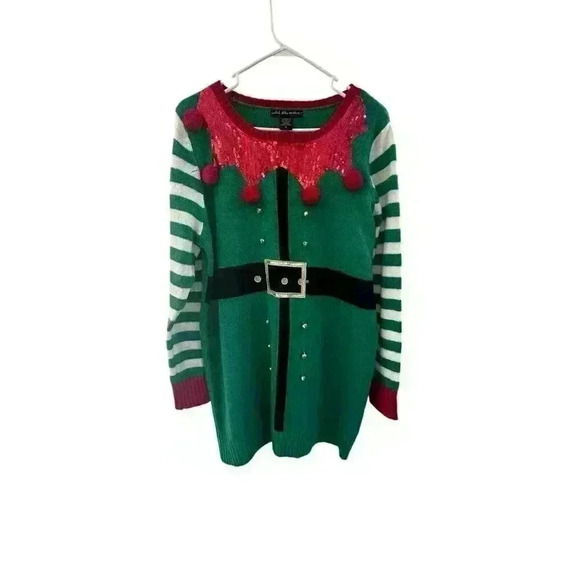 United States Women's‎ Holiday Elf Christmas Ugly Bells PomPoms Sweater Size XL - Picture 2 of 12